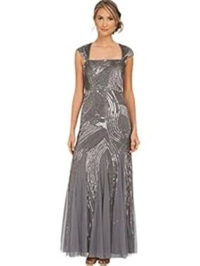 Adrianna Papell Silver & Gray Embellished Gown